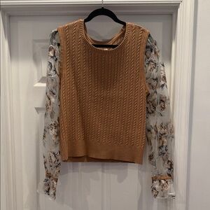 Camel Knit Vest with Sheer Floral Sleeves